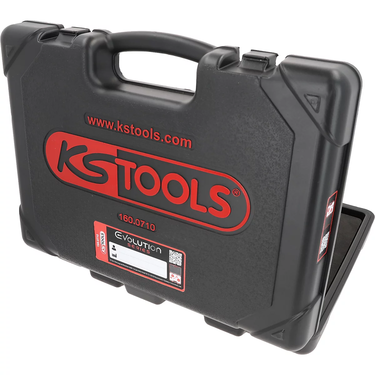 Schwarzer Werkzeugkoffer von KS TOOLS, rotes Logo und Schriftzüge, Griff oben.